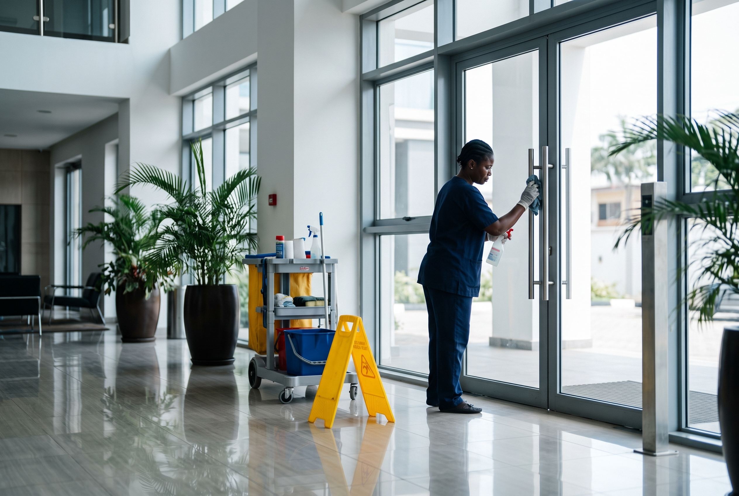 Cleaner polishing glass doors in an office lobby