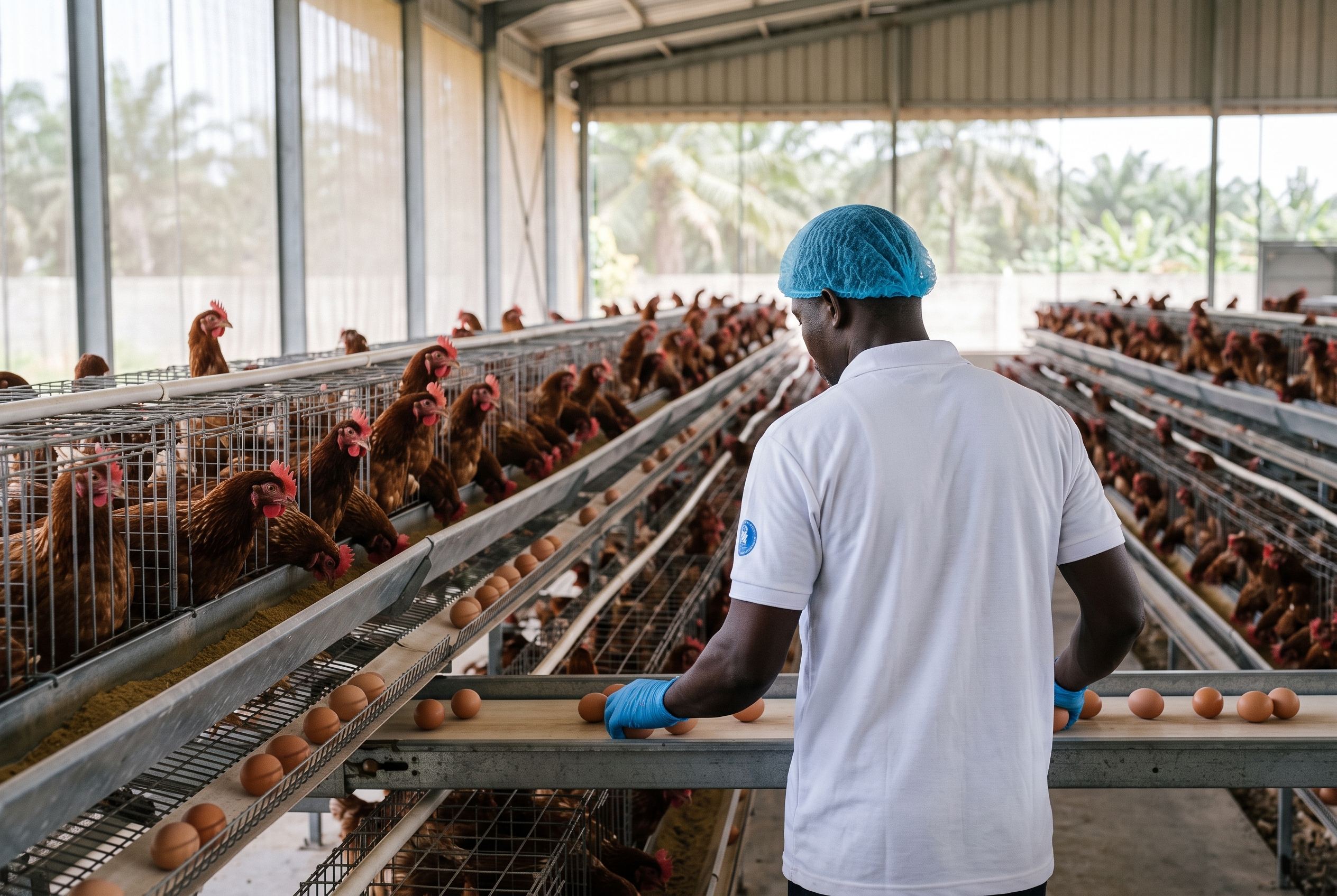 Laying hens in a clean, modern poultry house