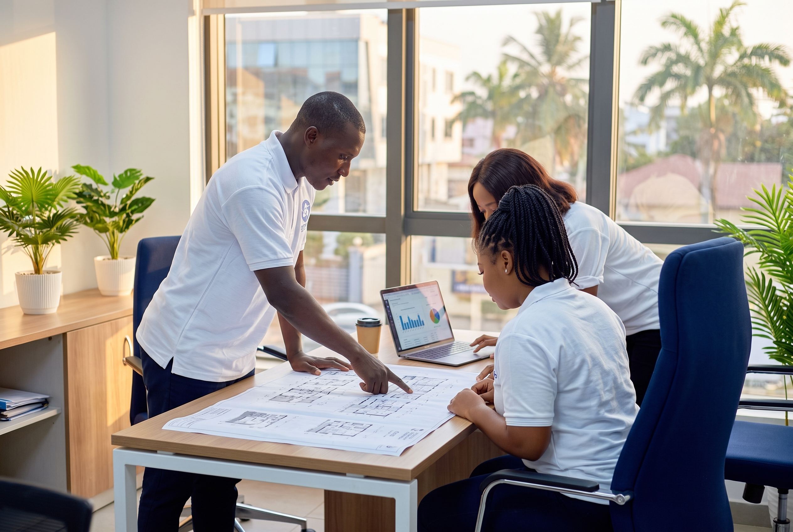 Germisa colleagues reviewing plans together in the office