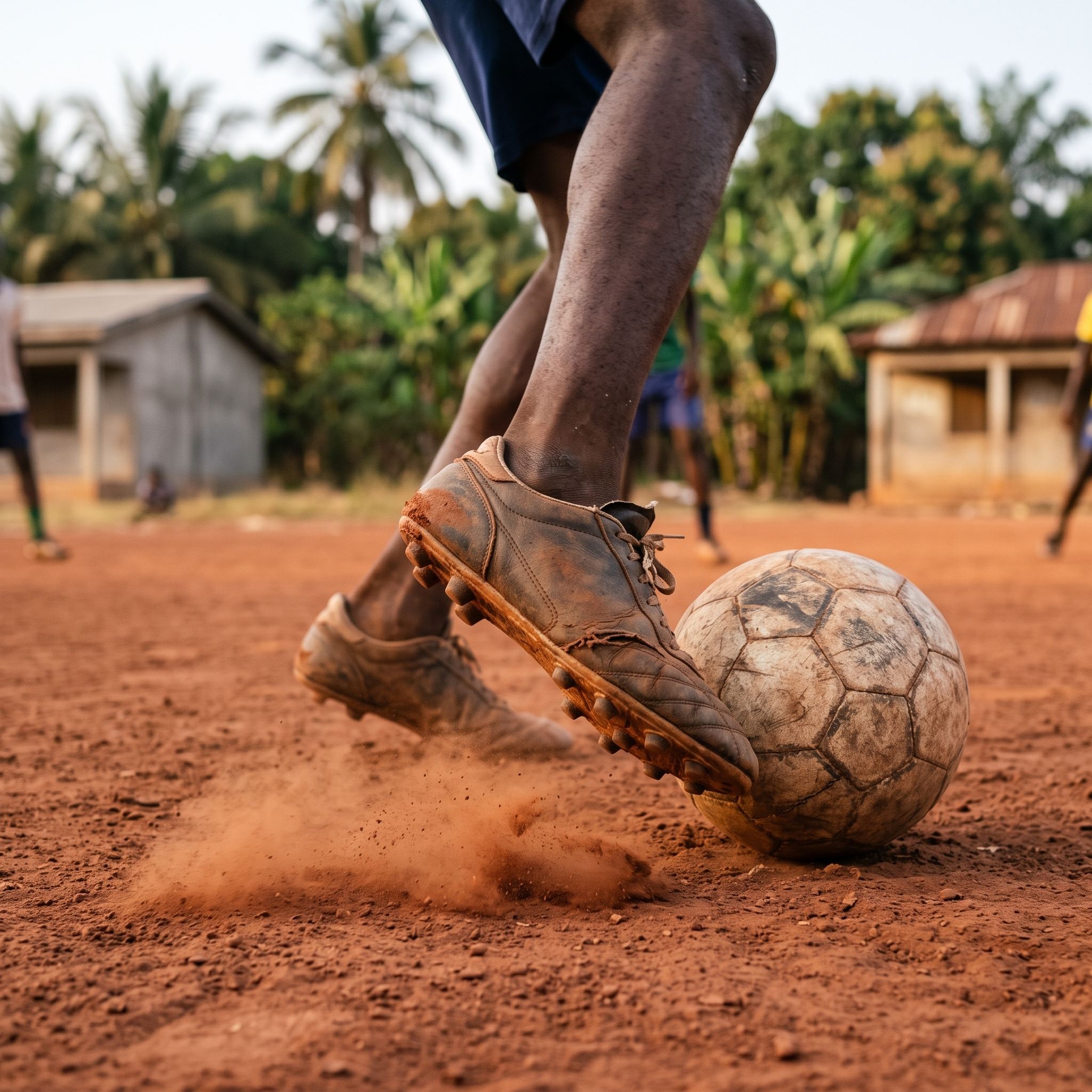 Football boots on a red-dirt pitch